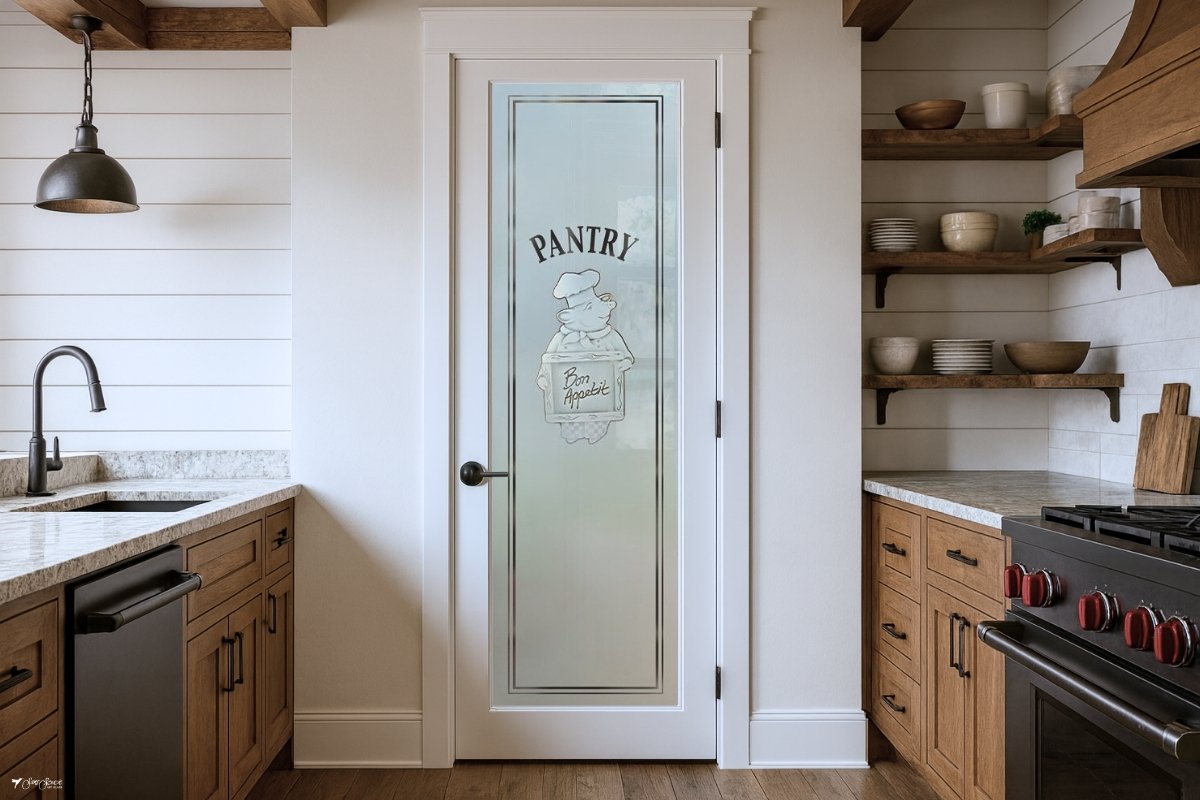 Farmhouse pantry door with etched Piggy Chef design, styled in a rustic kitchen with natural wood tones and open shelving.