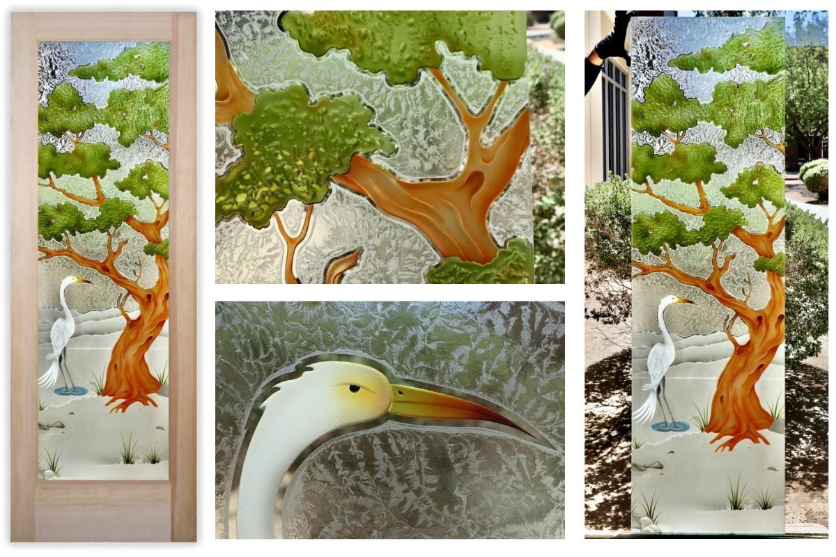 Collage of Bonsai Egret colored front door designs with carved and painted frosted glass in nature-inspired scenes.
