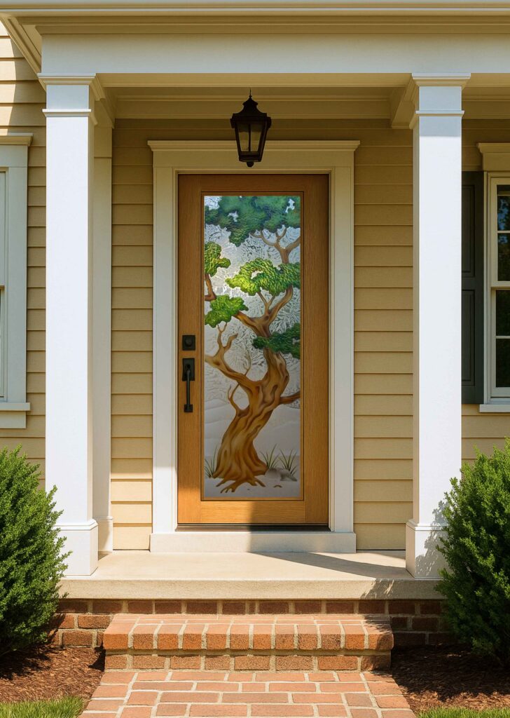 Bonsai colored front door with frosted glass featuring a hand-carved bonsai tree and painted foliage on a semi-private gluechip background.
