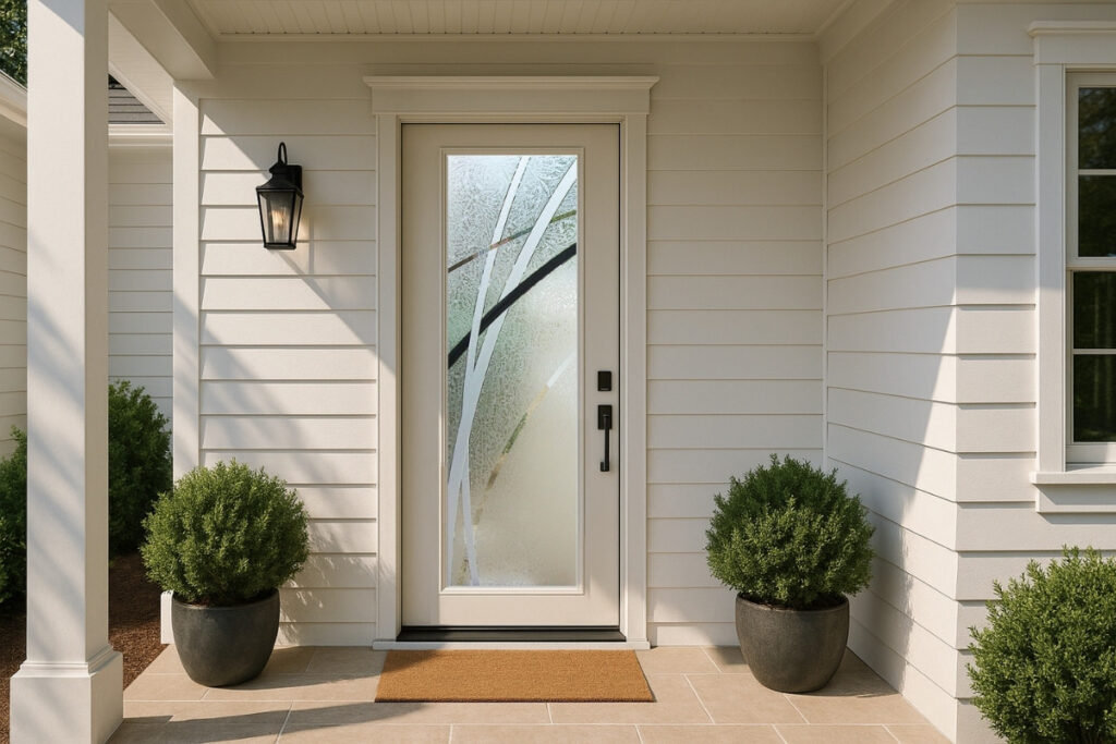 Arcos colored front door with layered arc designs carved into frosted glass, installed on a traditional home exterior.