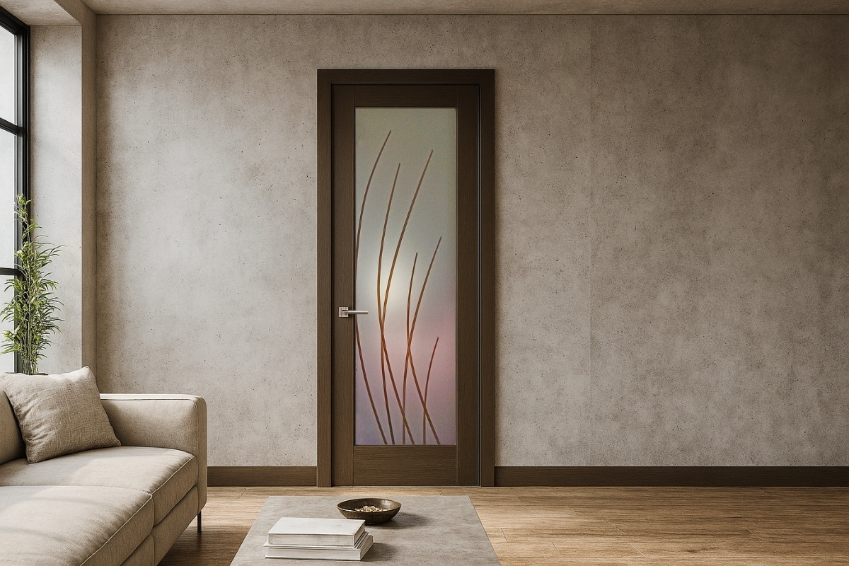 Sleek Arcs colored front door with bold diagonal carving on frosted glass in a classic traditional-style home entry.