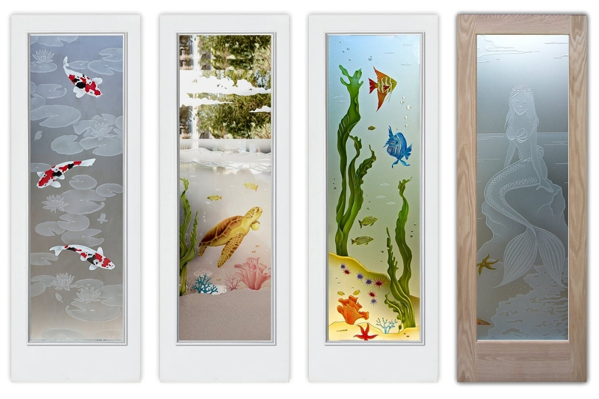 Doors with frosted glass inserts featuring colorful, hand-painted textures that provide the beauty of stained glass