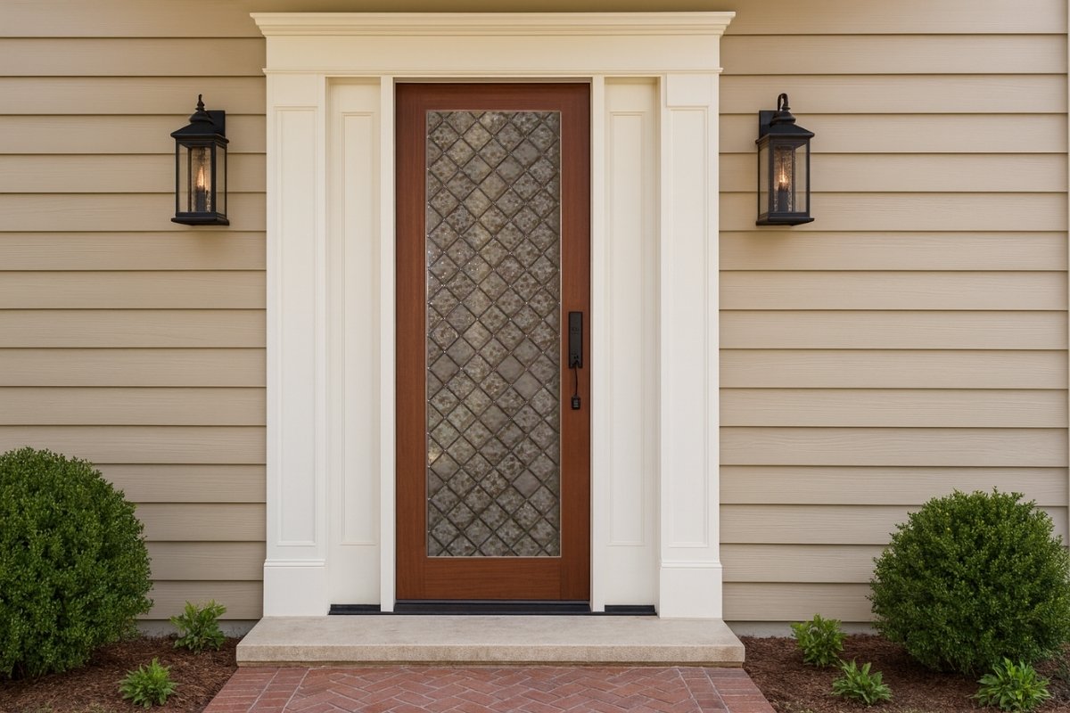A handcrafted stained glass front door adds privacy and light while creating an artistic focal point for the home&rsquo;s entrance.