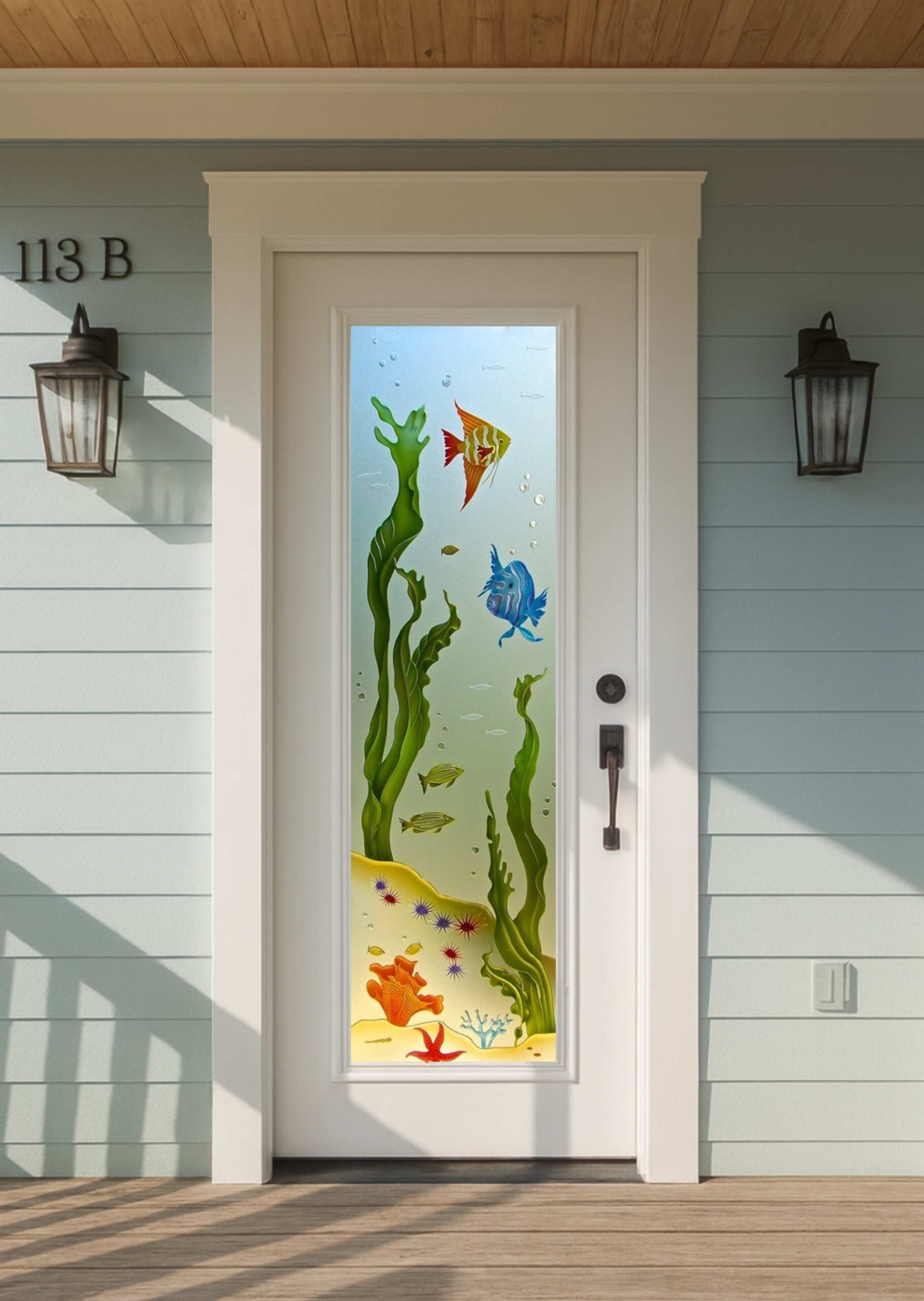 Aquarium Fish colored front door with vibrant tropical fish carved and painted on fully frosted glass for a private ocean-themed entry.