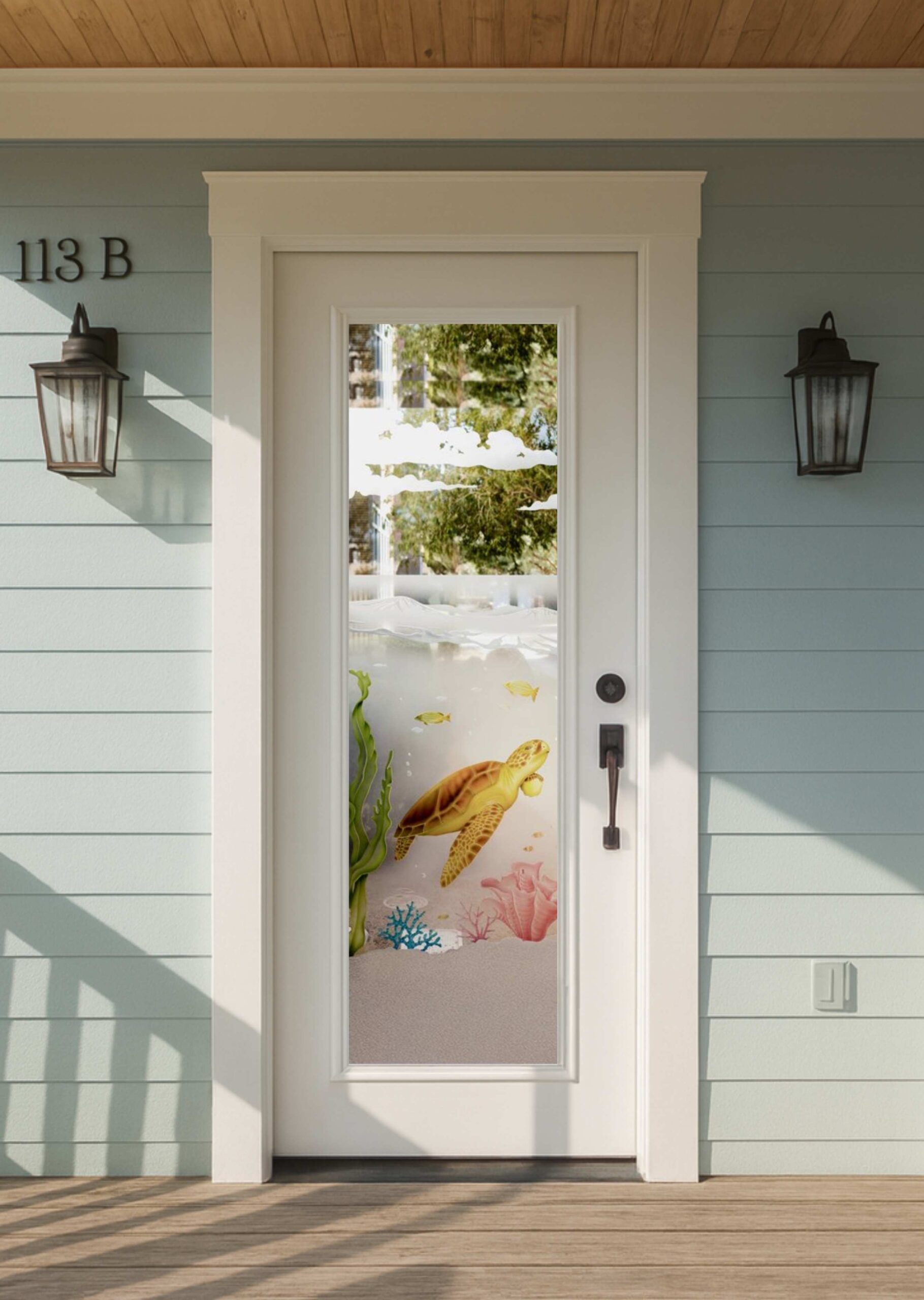 Aquarium Sea Turtle colored front door with a hand-painted sea turtle swimming through carved coral.