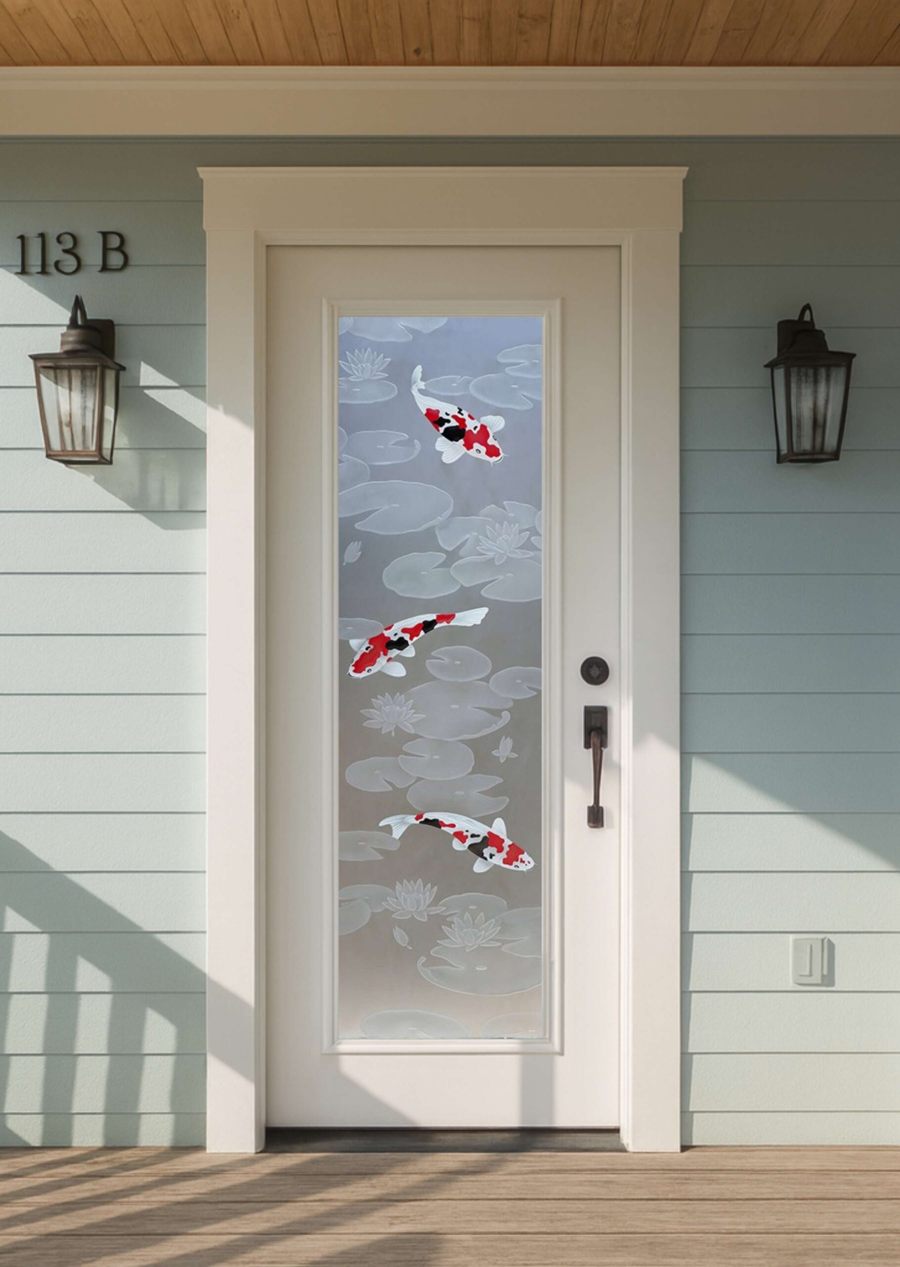 Koi Lily Pads colored front door featuring koi fish and floating lily pads carved into frosted glass with painted red and black details.