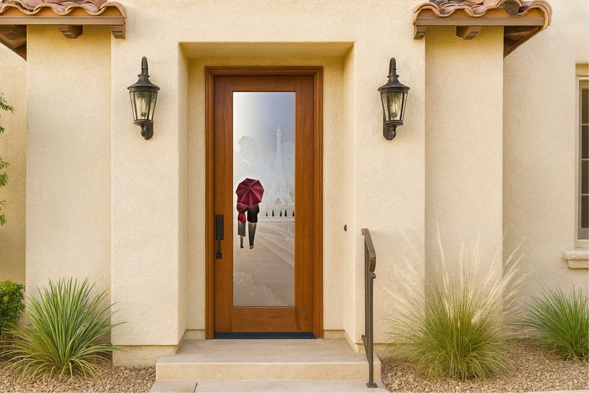 Paris colored front door featuring a romantic carved glass scene with the Eiffel Tower and painted couple under a red umbrella.