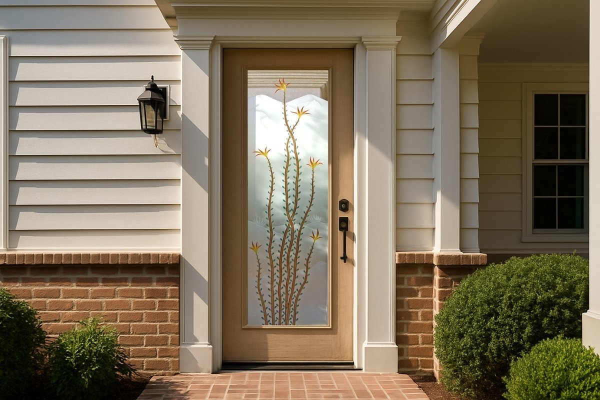 Ocotillo colored front door featuring hand-carved desert plant designs on frosted glass with a semi-private finish, perfect for Southwest-style homes.