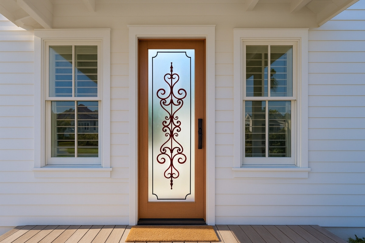 Decorative glass front door with ornate scrollwork design and frosted background inspired by stained glass
