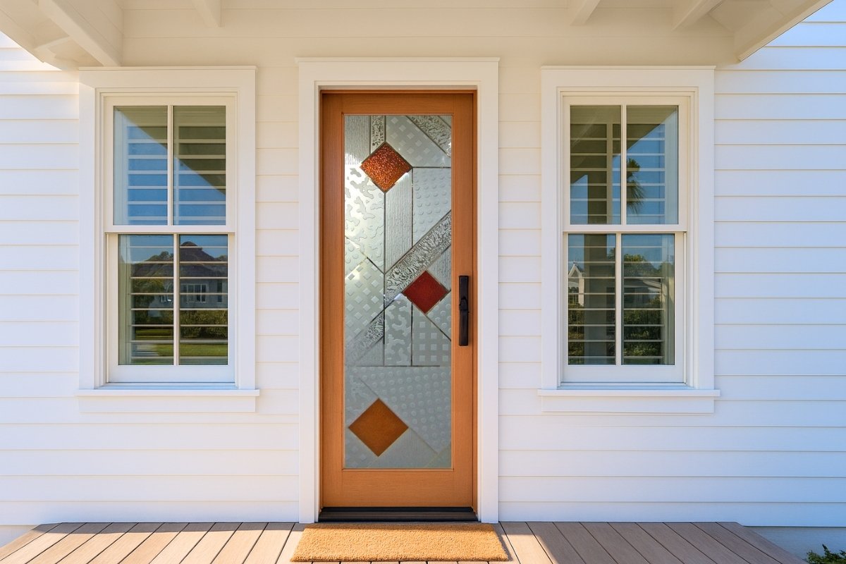 Artisan glass front door with hand-etched frosted details, offering privacy for modern homes.