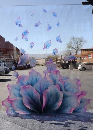 Partition showcasing a Frosted Glass Floral Design with Sandblast Etched Glass Art by Sans Soucie Petals Design