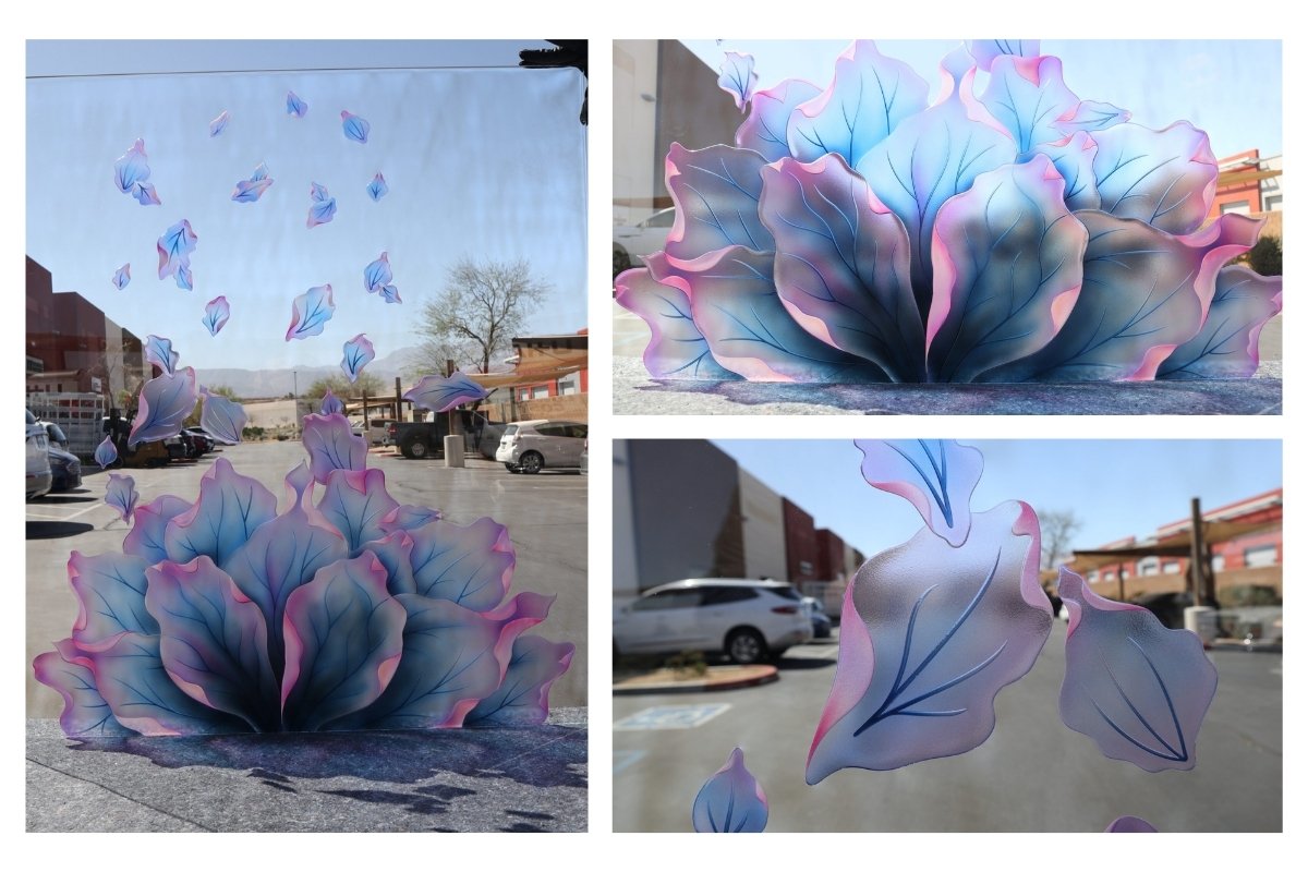 Collage of painted frosted glass panels with blue and pink petal design.