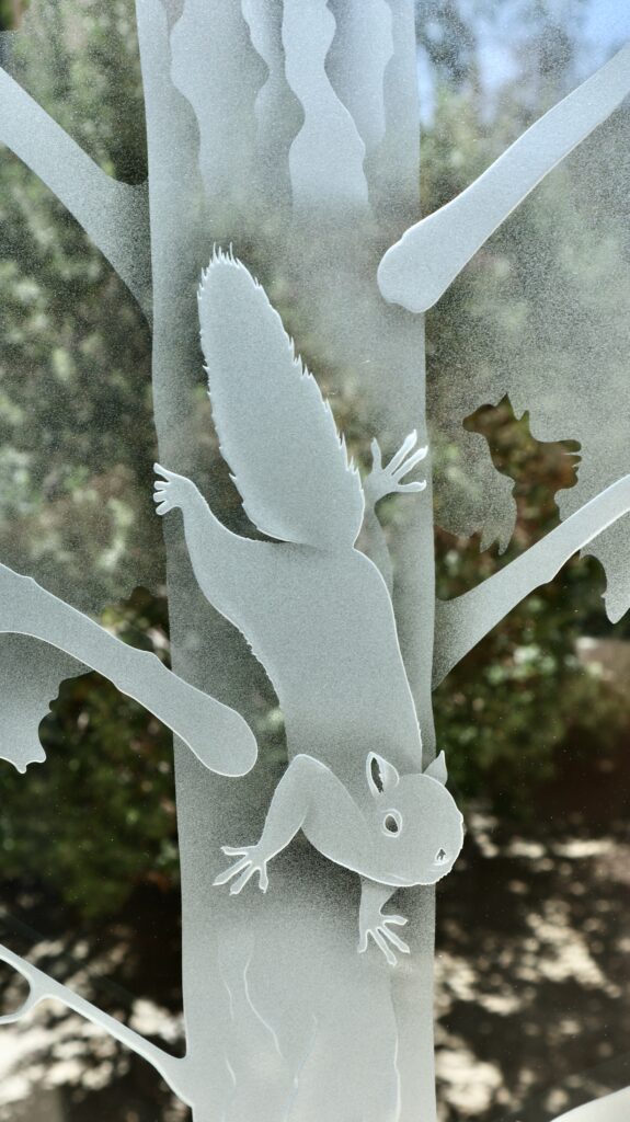 Frosted squirrel climbing a tree in a Woodland Scene glass partition panel with woodland wildlife design