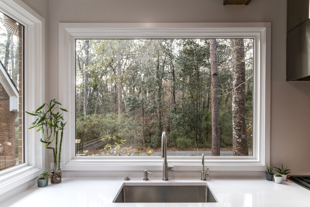 Fixed window above a bathroom sink, closed.