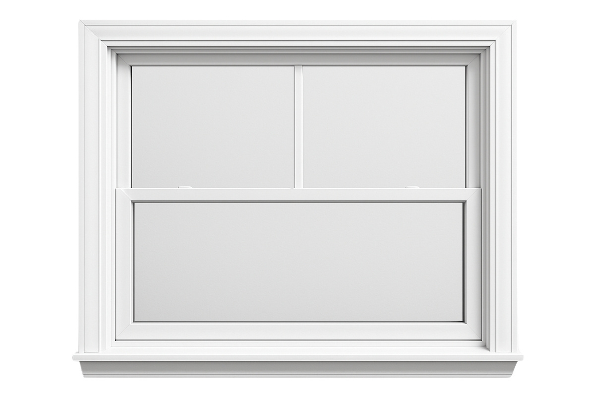 White single-hung window, close-up view of frame and trim.