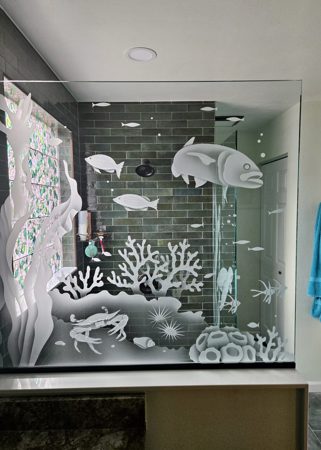 Partition with a sandblast Frosted Glass Oceanic Design Custom-Designed Decorative Etched Glass