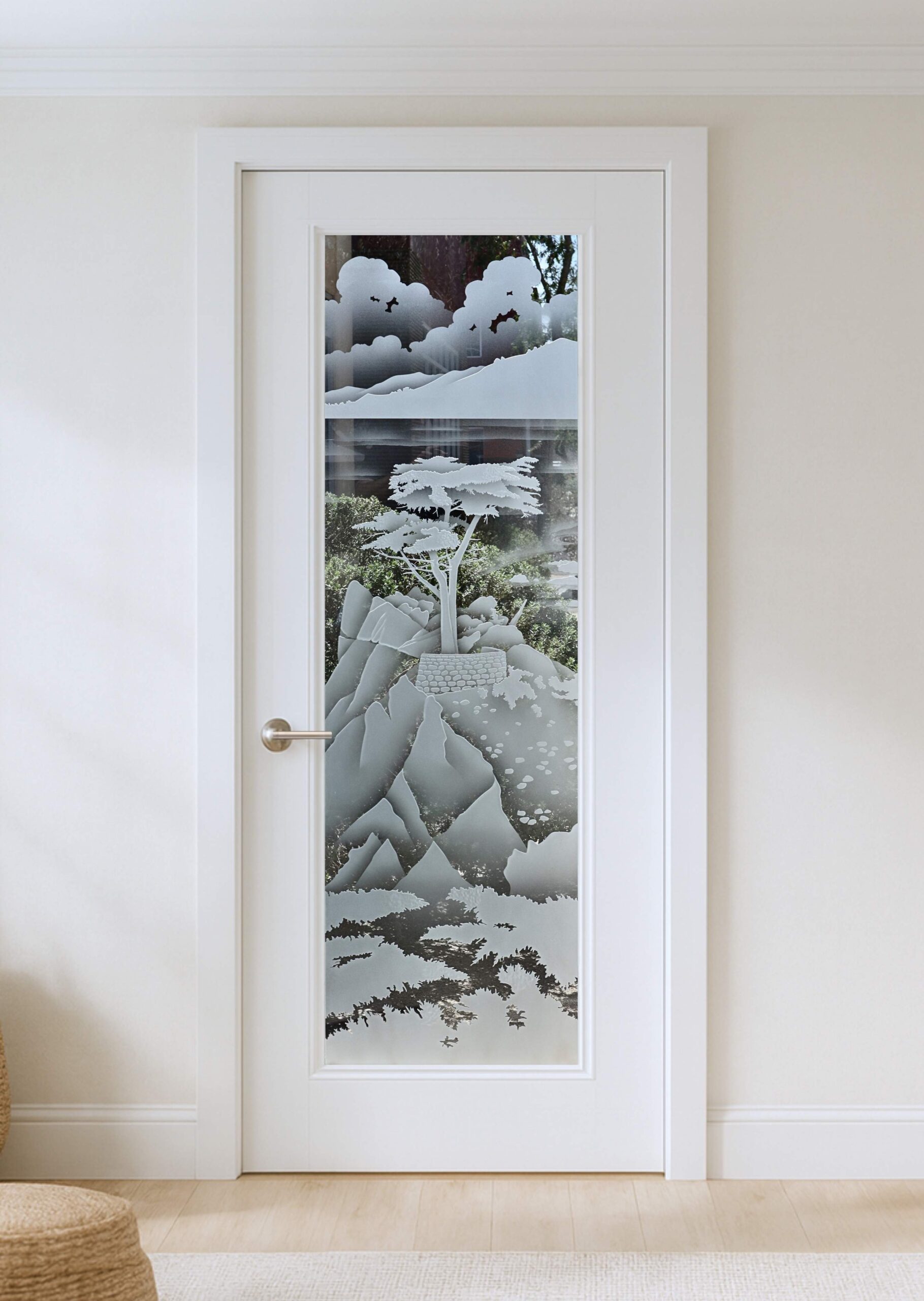 Frosted glass interior door featuring sculpted and carved glass artwork creating dramatic depth and layered architectural detail
