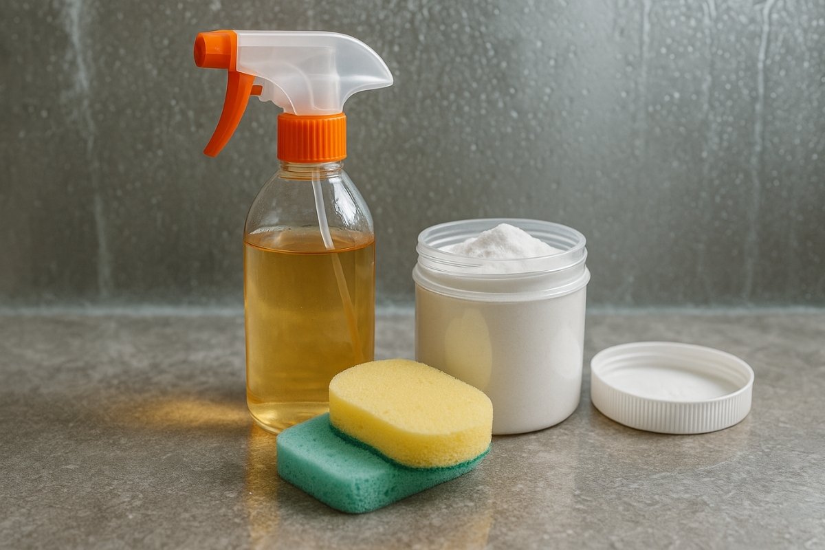 Vinegar spray bottle, open baking soda container, and cleaning sponges on a bathroom counter for natural shower glass cleaning.