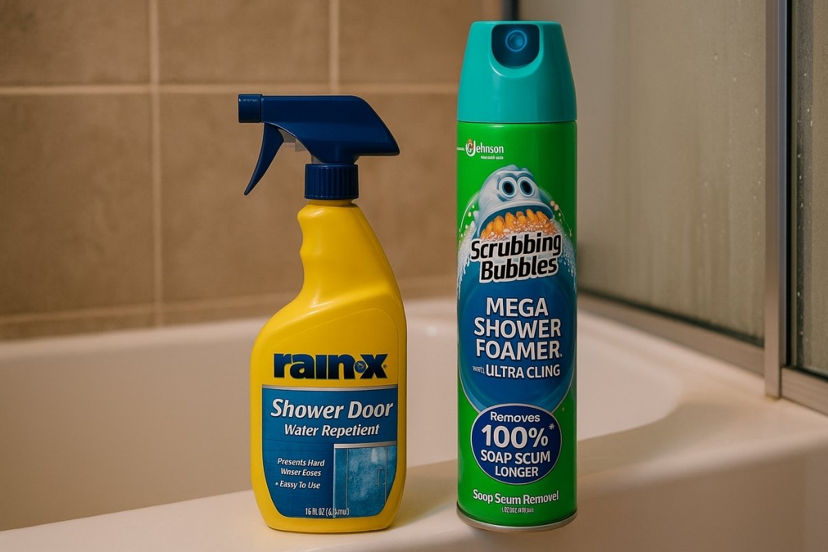 Rain-X Shower Door Water Repellent and Scrubbing Bubbles Mega Shower Foamer on bathtub ledge in a tiled bathroom.