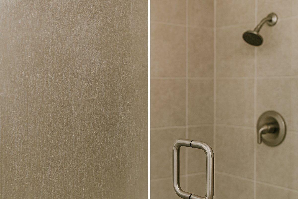 Side-by-side comparison of a dirty shower glass door covered in soap scum and the same door cleaned to a streak-free finish.