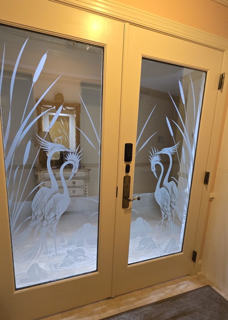 Double glass front doors with illuminated glass design