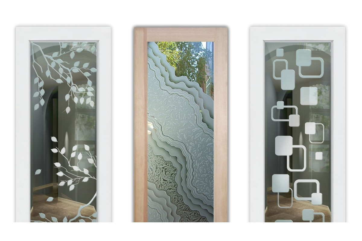 Interior office doors with glass featuring various frosted and etched designs.