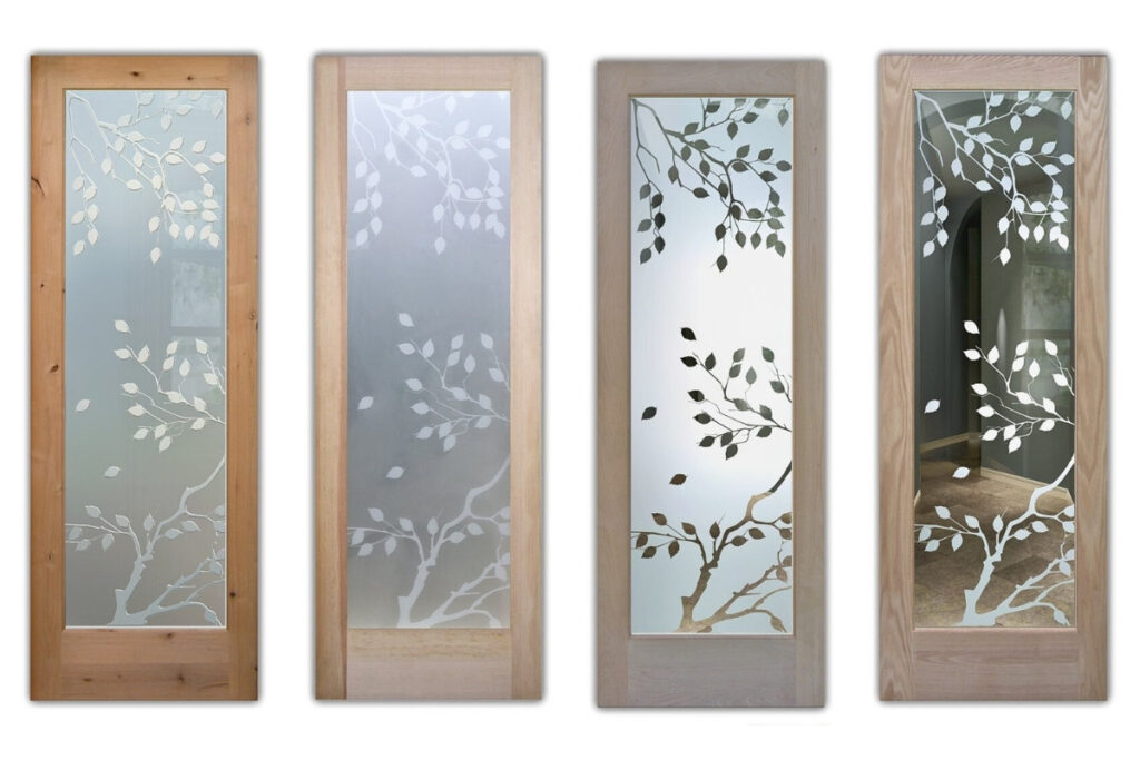 Cherry Tree frosted glass doors displayed in four different sandblast effects, showcasing the Cherry Tree design with etched and carved variations