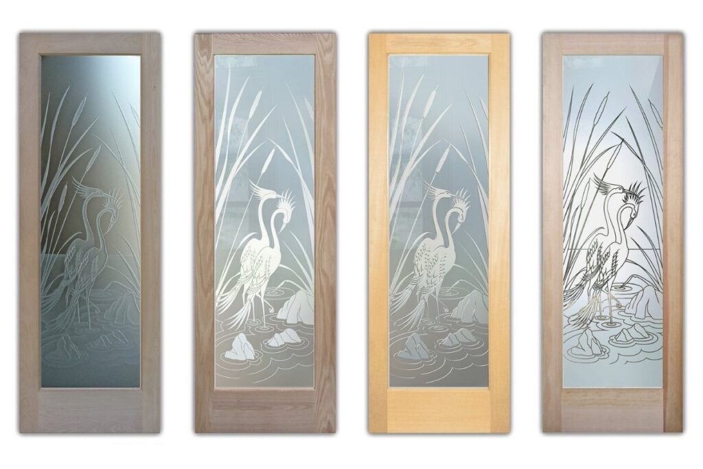 Cranes & Cattails frosted glass doors in four sandblast effects, showcasing the Cranes & Cattails design with elegant birds among reeds and water details