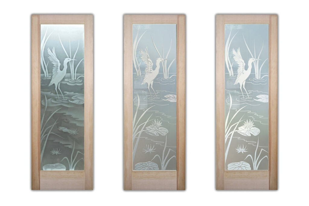 Cranes A frosted glass doors presented in three distinct sandblast effects, highlighting the elegant Cranes A design with water, reeds, and lily pad details.