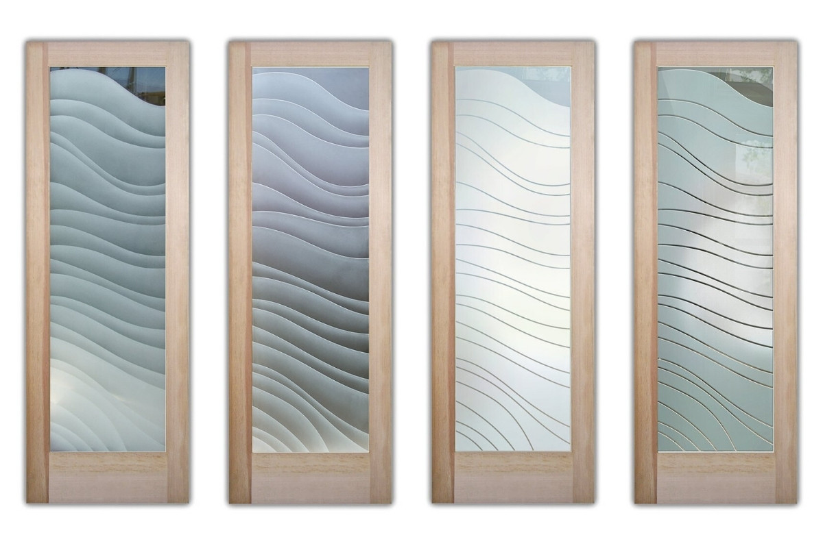 Dreamy Waves frosted glass doors displayed in four sandblast effects, showcasing the Dreamy Waves design with elegant, flowing wave line