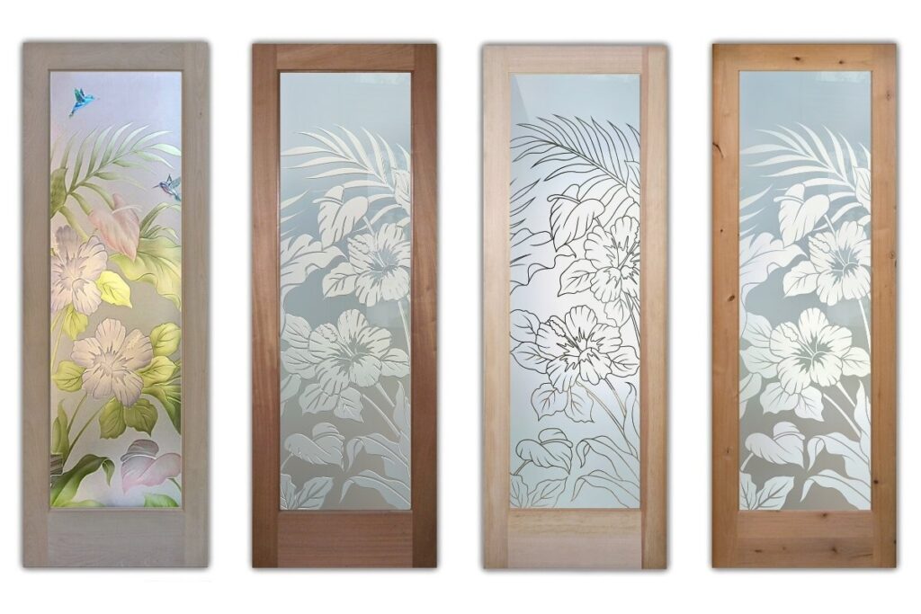 Hibiscus Anthurium frosted glass doors in four different sandblast effects, highlighting the Hibiscus Anthurium design with tropical flowers, leaves, and hummingbirds