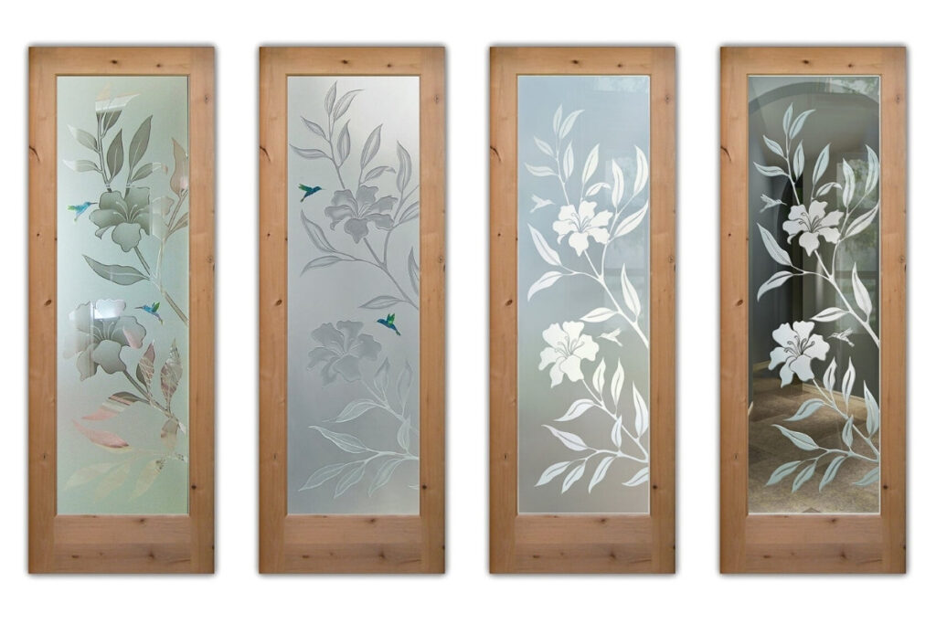 Hibiscus Hummingbirds frosted glass doors shown in four different sandblast effects by Sans Soucie, demonstrating varying privacy levels and design detail
