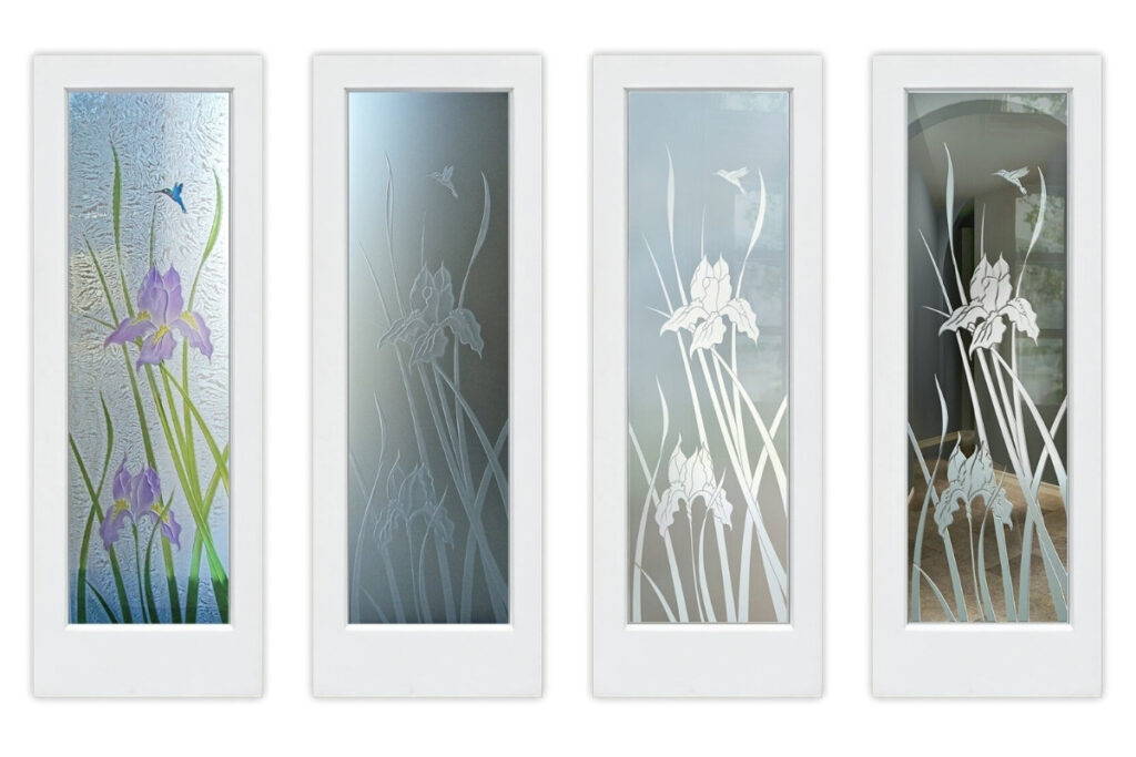 Iris Hummingbird frosted glass doors in four different sandblast effects, featuring the Iris Hummingbird design with carved, etched, and painted details