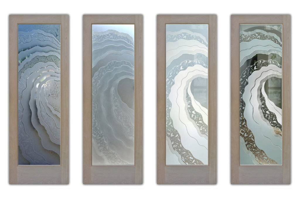 Metacurl frosted glass doors shown in four different sandblast effects, featuring the Metacurl design with layered carved and etched glass details