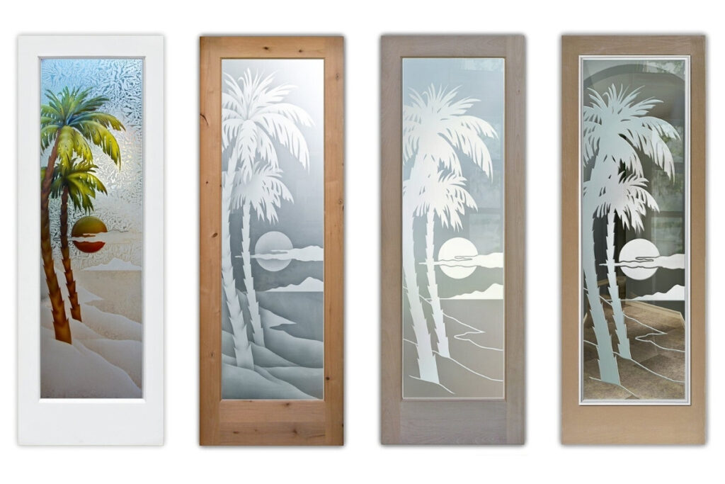Four frosted glass doors with the Palm Sunset design, each door illustrating a unique sandblast effect featuring palm trees, a sunset, and shoreline scenery