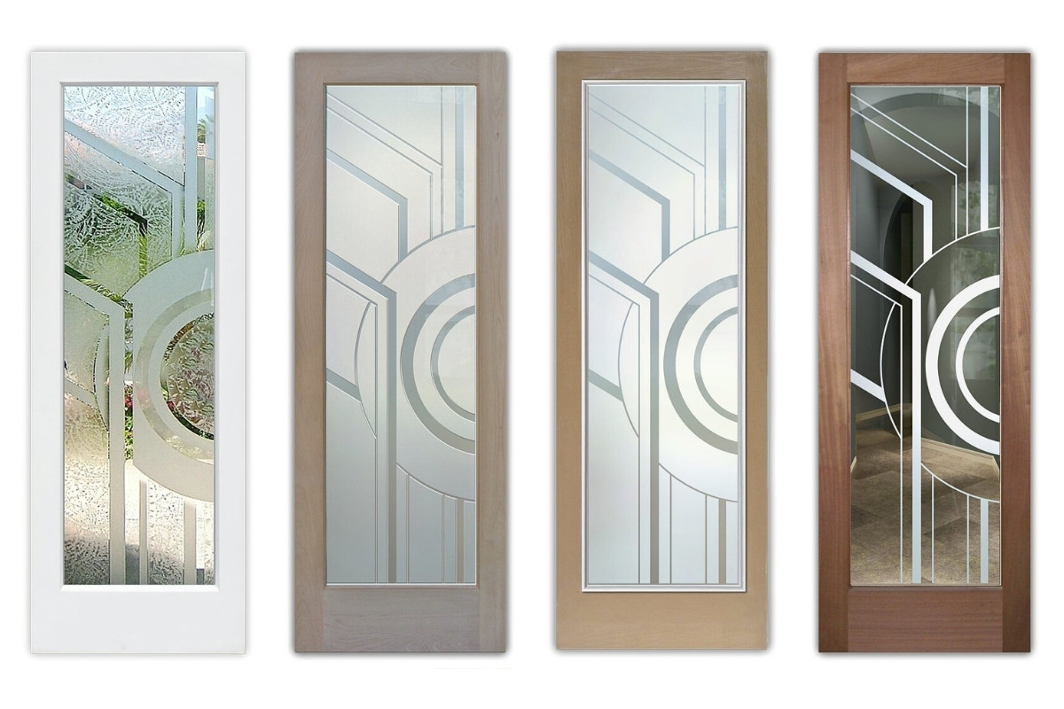 Collage of interior office doors with glass showcasing a variety of frosted designs and door frames.
