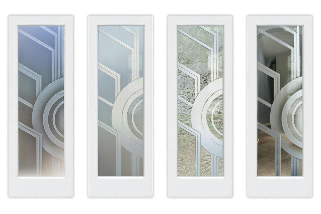Four frosted glass doors featuring the Sun Odyssey II design, each shown in a different sandblast effect with geometric carved patterns