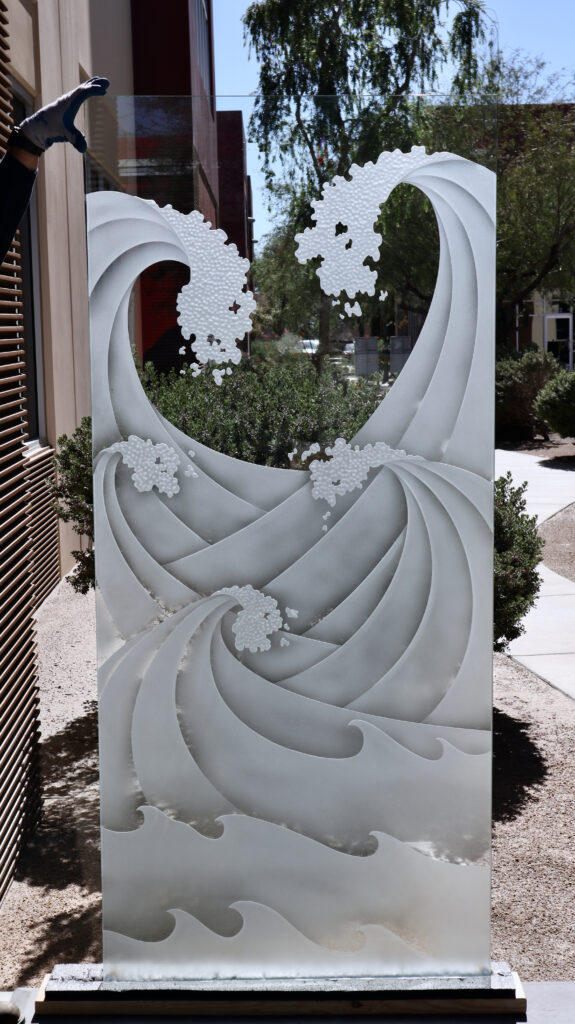 Stunning carved and etched glass panel with High Seas design
