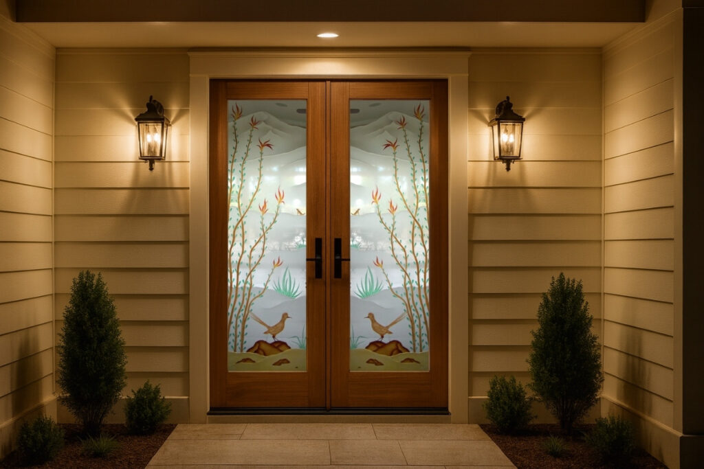 Traditional home exterior at night featuring double front doors with frosted glass design Ocotillo Roadrunner, warmly lit by lantern lights.