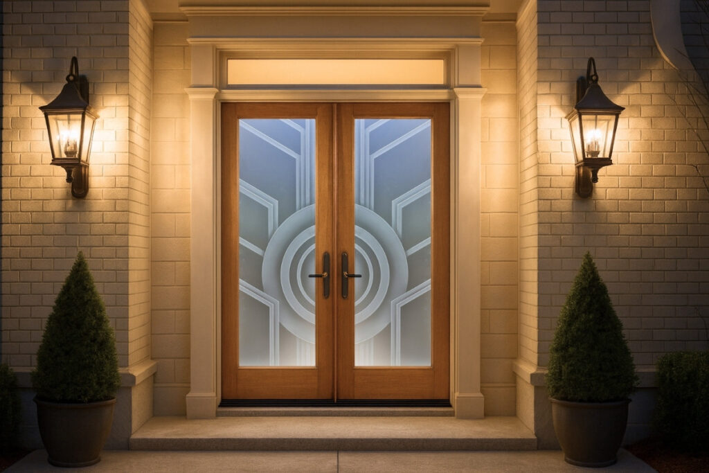 Frosted glass doors at night – modern traditional home with frosted glass front door glowing at night under exterior lighting.