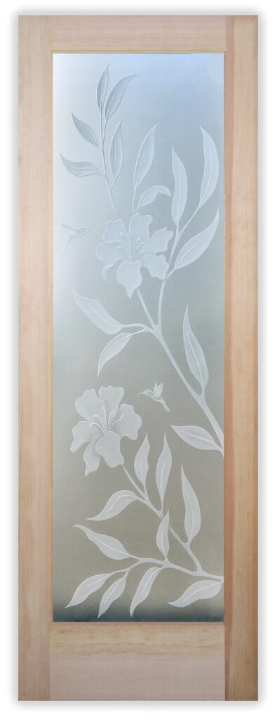 Hibiscus and hummingbirds design on 3D enhanced frosted glass door with high privacy and sculpted sandblasted floral detail.