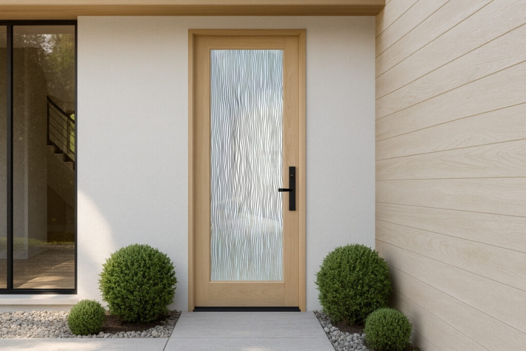 Affordable modern front door with frosted glass panel featuring wavy etched lines, set in a light wood frame within a clean, upscale modern home exterior.