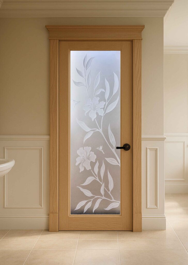 Safe glass door for bathrooms featuring full-length etched privacy glass.
