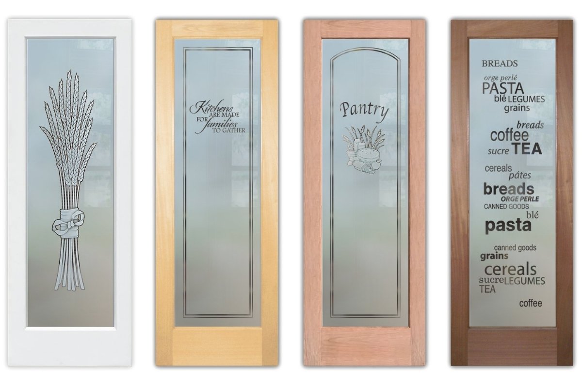 Variety of frosted pantry door designs for modern and traditional kitchens. A collage of timeless pantry door looks that never go out of style.
