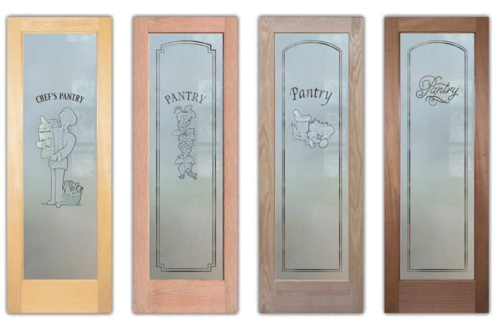 Custom etched glass pantry doors by Sans Soucie balancing function and artistry.