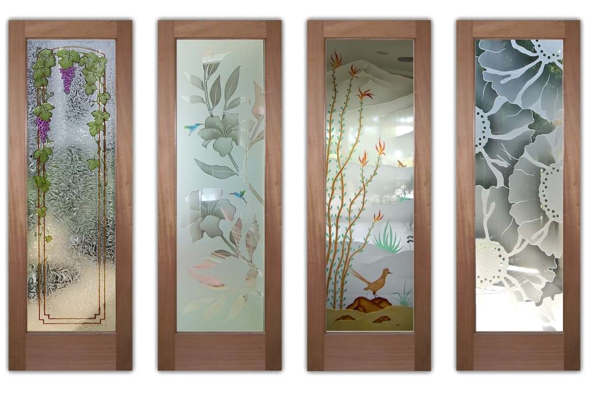 Collection of interior and exterior doors with handcrafted frosted glass designs