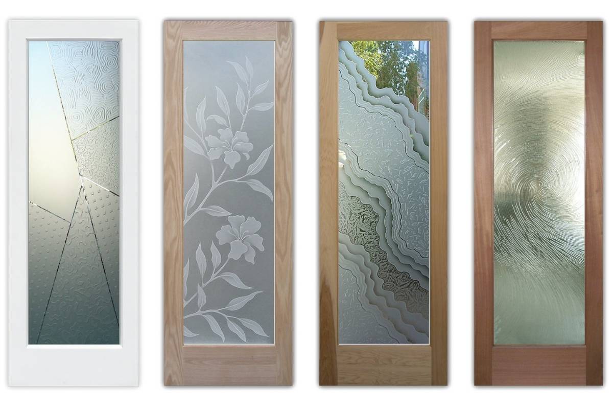 Custom pantry doors with frosted glass inserts by Sans Soucie, showcasing abstract geometric, floral, layered textures, and circular swirl patterns, each handcrafted to combine privacy with decorative artistry.