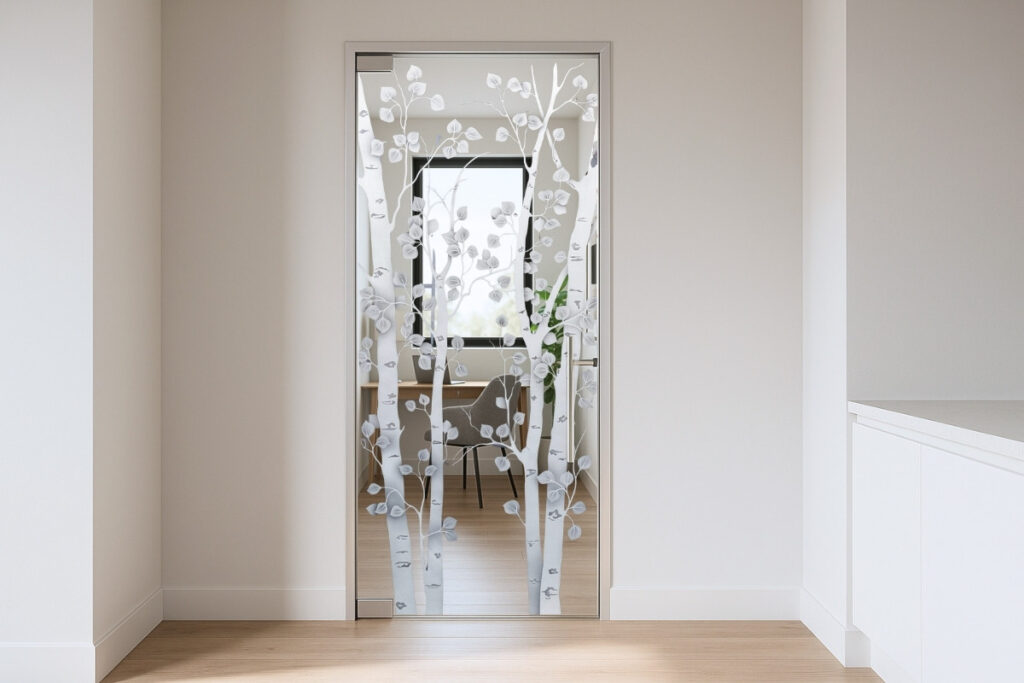 Frosted glass interior door with tree design in a small home office