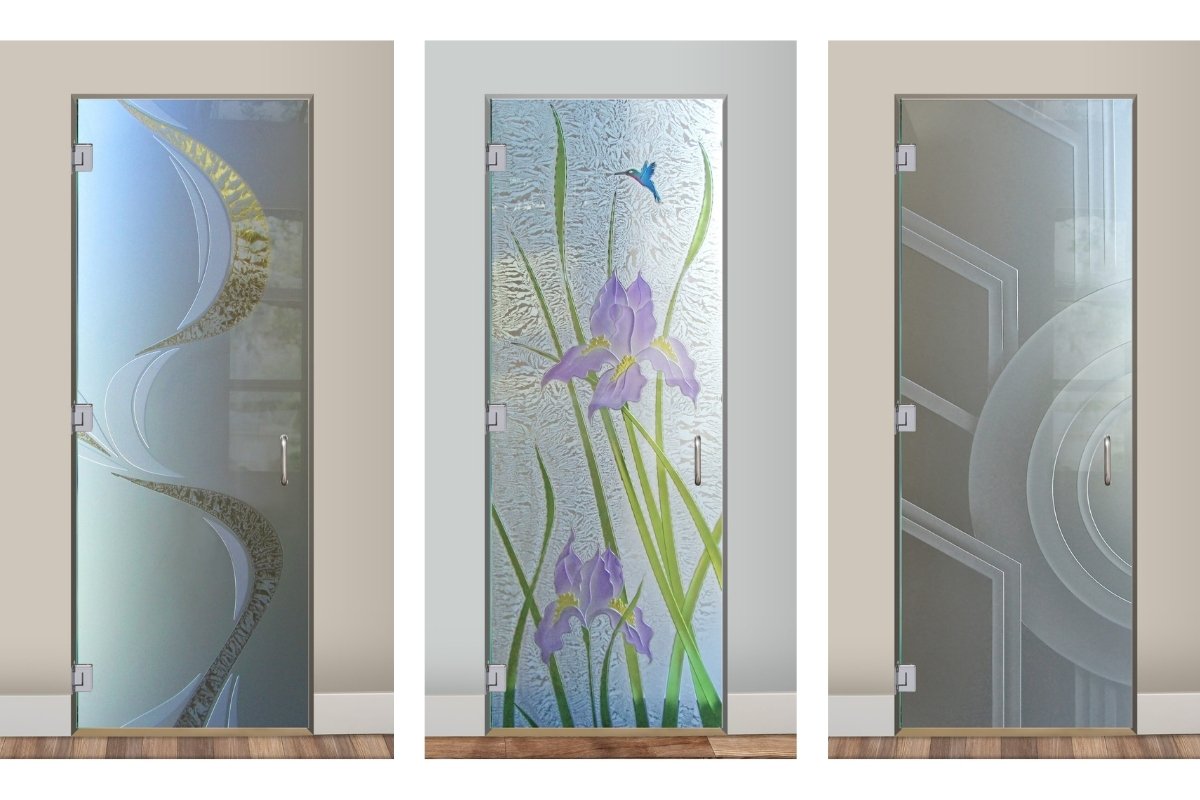 Decorative frameless glass interior doors with floral, geometric, and abstract carved glass designs.