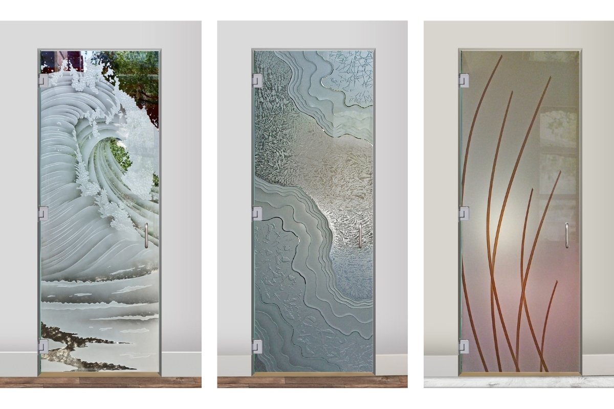 Frameless hinged glass doors with etched wave, textured glass, and abstract linear designs for modern interiors.